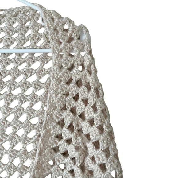 Handknit Crochet Fringe Trim Open Knit Triangle Boho Open Front Poncho Shawl - Picture 4 of 6
